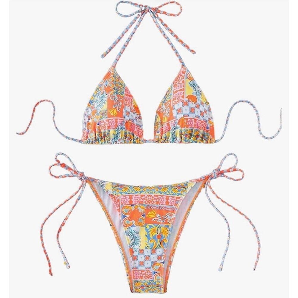 Triangle Bikini Two Piece Swim Halter Cheeky Vacation Beach Sz S Multicolor
